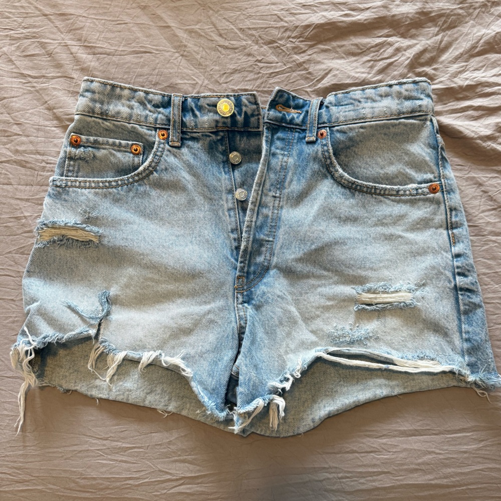 Zara Blue Jean Shorts Distressed High-Waisted